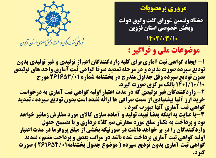 هشت مصوبه ملی، دستاوردهای سراسری اولین شورای گفت و گوی دولت و بخش خصوصی استان قزوین در سال مهار تورم و رشد تولیدعکس کمکی شماره1